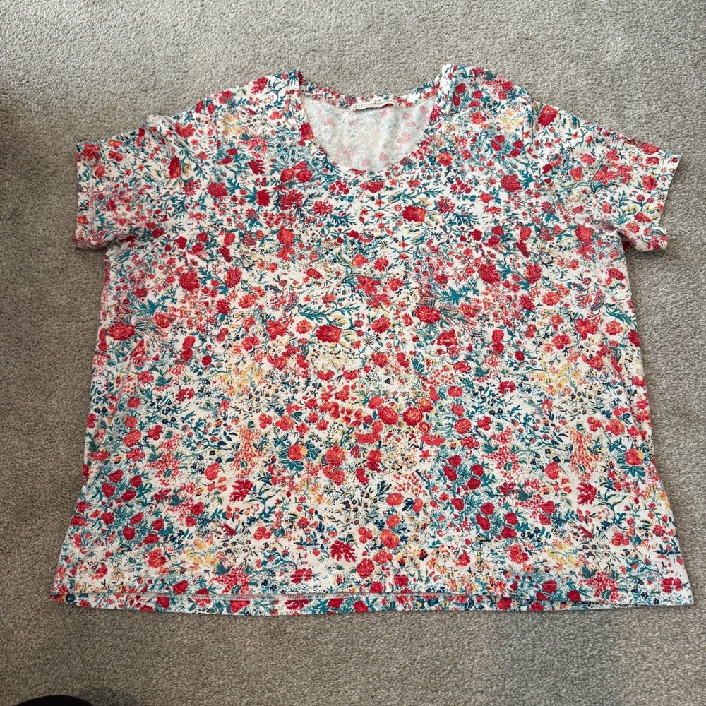 Peruvian Connection Top Size XL Multicolor Floral Print Short Sleeve Pima Cotton